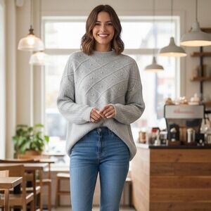 Calvin Klein Sweater Women M Gray Cable Knit Pullover Minimalist Long Slv Preppy